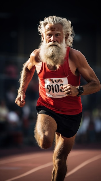 Aged athlete running on a track with determination