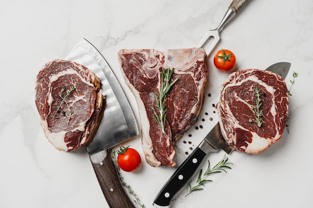 Aged black angus beef steak ready to roast and serve.