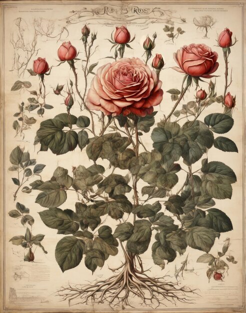 Photo aged botanical poster featuring a fullgrown flower with roots created for educational exploration