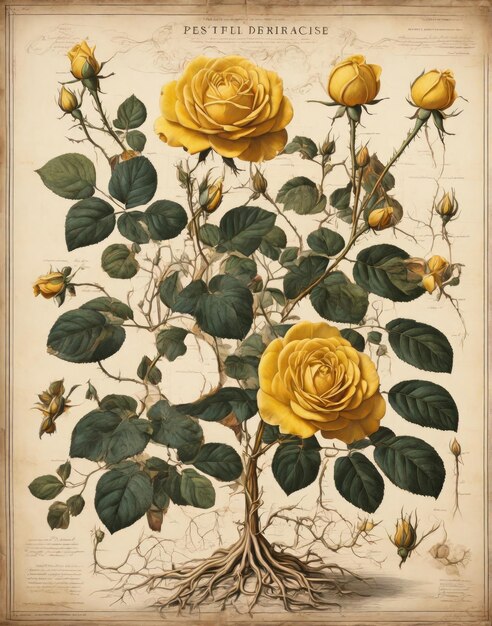 Photo aged botanical poster featuring a fullgrown flower with roots created for educational exploration