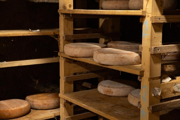 aged cheese in the cellar ready to eat eating cooking appetizer meal food snack on the table