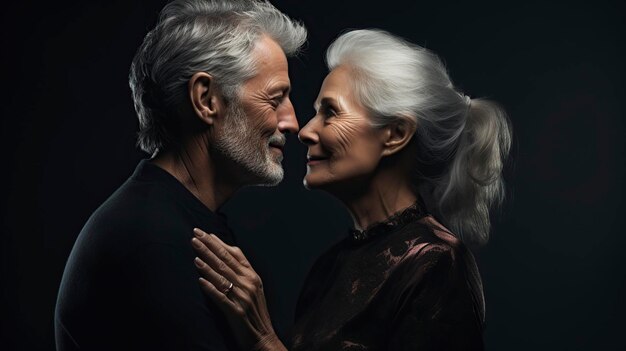 aged couple with gray hair and wrinkles looking at each other in love