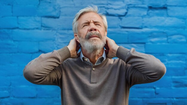 노인, 지친, 수염이 있는 유럽인 남자가 목을 만지며, 목에 통증이 있고, 머리를 기울이고, 한 표정을 하고 있다.