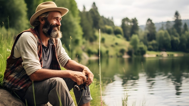 Foto amici anziani seduti in riva al lago a pescare e a condividere vecchie storie