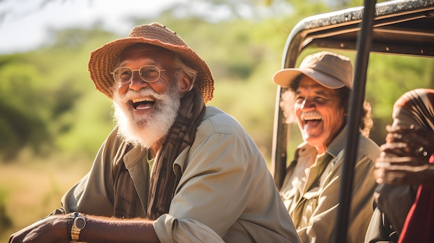 Aged friends on a wildlife safari in a national park