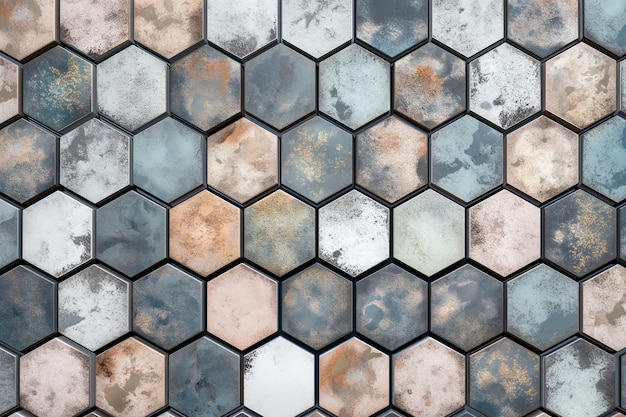 Photo aged hexagonal tiles in monochrome and rust tones