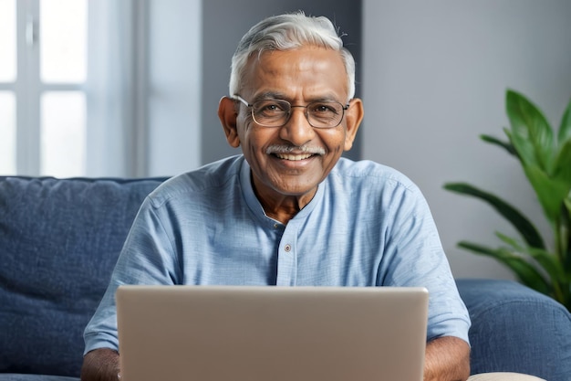 Пожилой индийский джентльмен с очками и седыми волосами использует ноутбук, сидя дома на диване