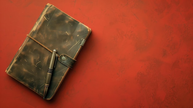 Aged leather journal closed with strap and pen placed on top red background