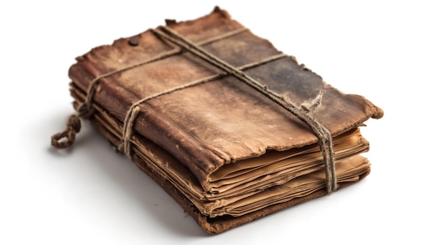 An aged leatherbound journal tied with string wellworn pages isolated on a white background
