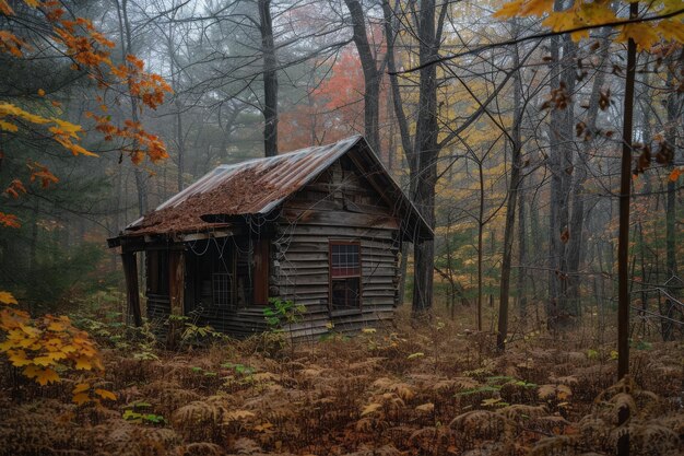 Photo an aged log cabin stands amidst a dense forest with towering trees enclosing it cobweb laden rustic cabin in the woods ai generated