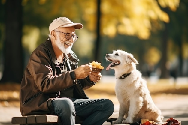 公園のベンチに座りながら犬に餌をやる老人