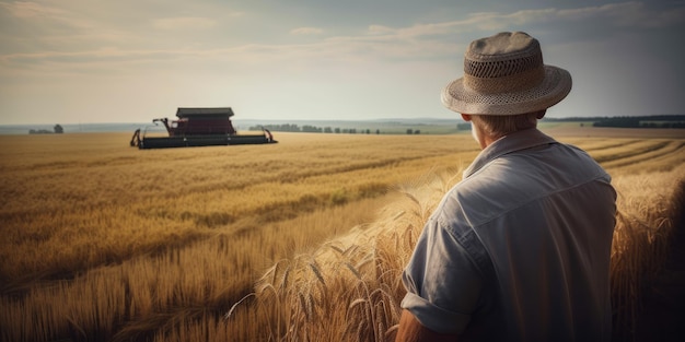 帽子をかぶった年配の男性が割れた小麦畑を見ています農夫が農地で働くコンバインマシンを見ています