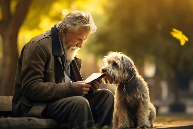 An aged man is sitting in an autumn park with a dog reading a newspaper
