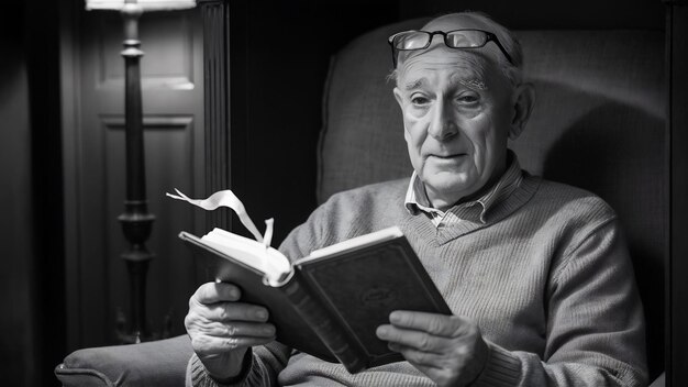 Photo aged man reading with glasses