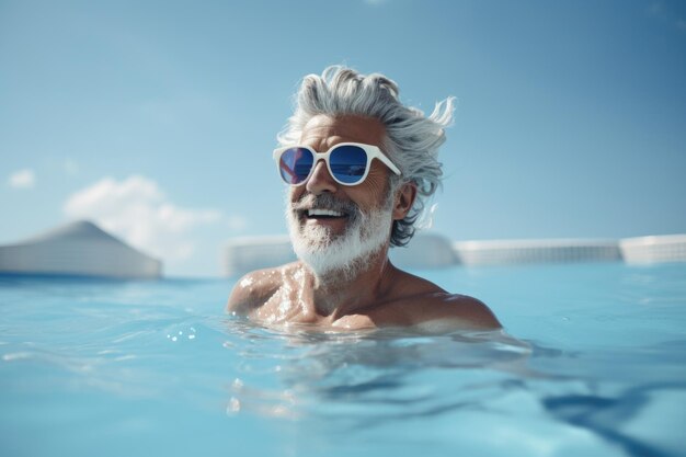 An aged man in sunglasses swims in the pool