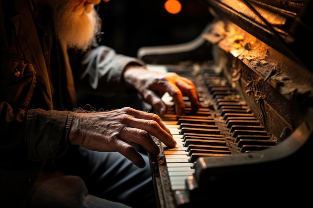 古いメロディー 古い男が塵だらけのヴィンテージピアノを弾いている