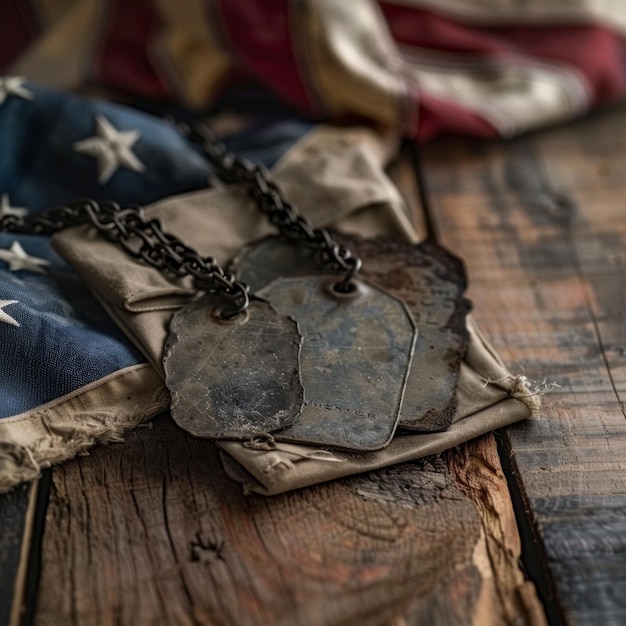 Aged Military Dog Tags on Wooden Table