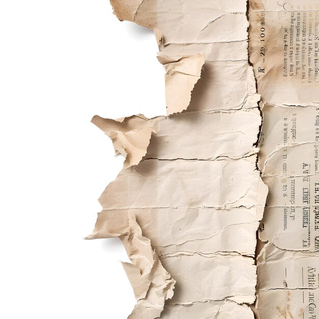 Старая бумага с разорванными краями, изолированная на белой текстуре документа в винтажном стиле, подходящая для фона и наложений изображений высокого разрешения