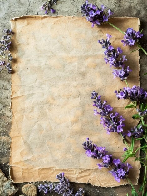 Aged parchment with a natural cracked surface surrounded by fragrant lavender flowers suitable for vintagethemed projects