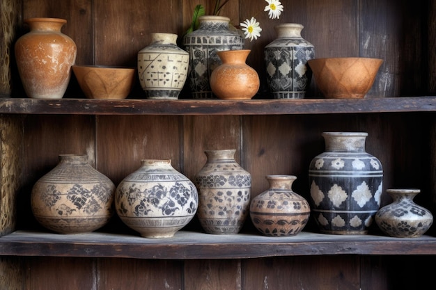 Aged pottery with faded patterns on a wooden shelf created with generative ai