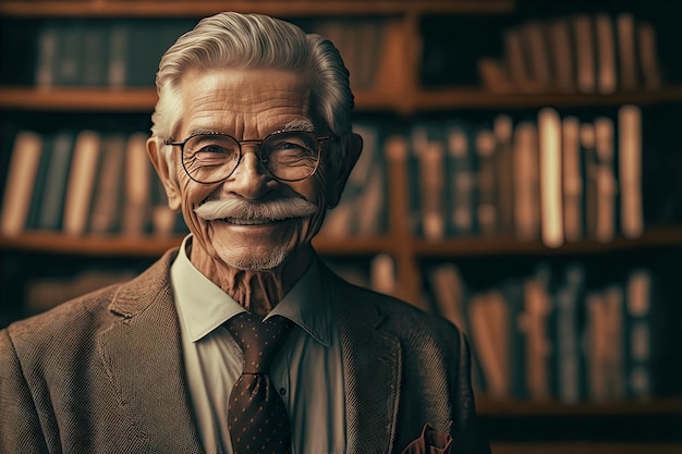 Aged professor teaching standing in front of textbook cabinet and smiling