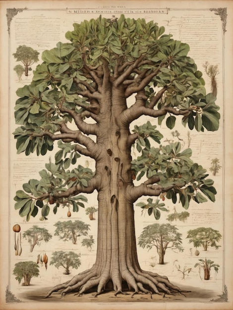 Photo aged retro botanical poster featuring fullgrown baobab tree with roots