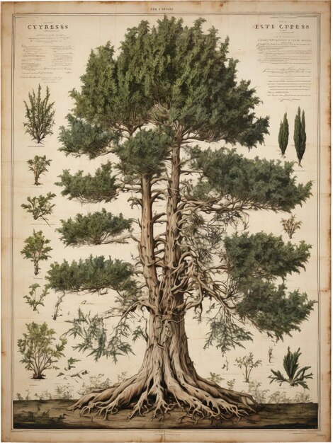 Aged retro botanical poster featuring fullgrown tree with roots