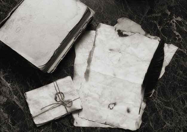 古紙と探偵ツールの背景を持つテーブル上の本