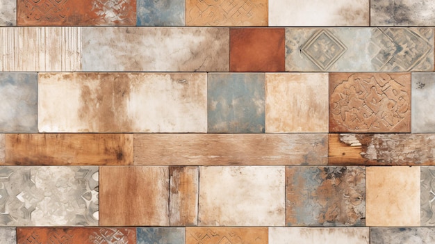 Старые и ржавые бесшовные фарфоровые плитки из керамики образуют сложную мозаику на бетонном фоне