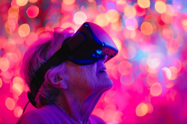 Aged Woman Exploring Virtual Reality in Vivid Tones