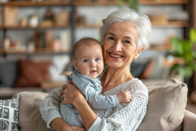 Photo aged woman holding infant baby grandparentingparenting concept