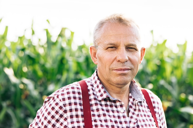 Aged and wrinkled old caucasian man pensioner standing on the corn field tired and sad elderly man