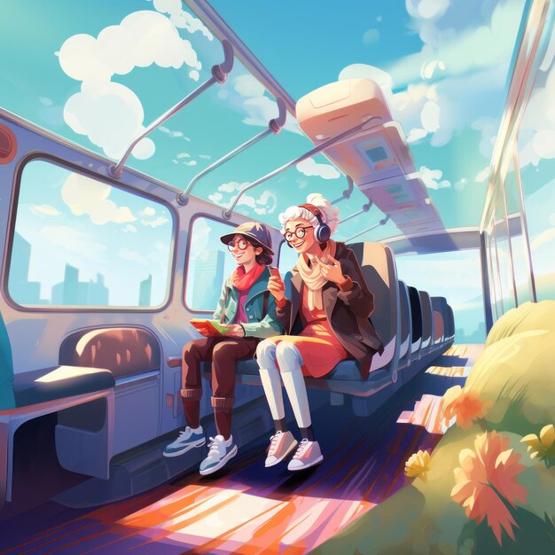 Ageless Camaraderie A 3D Vector Journey of an Old Woman and Young Girl on a Bus