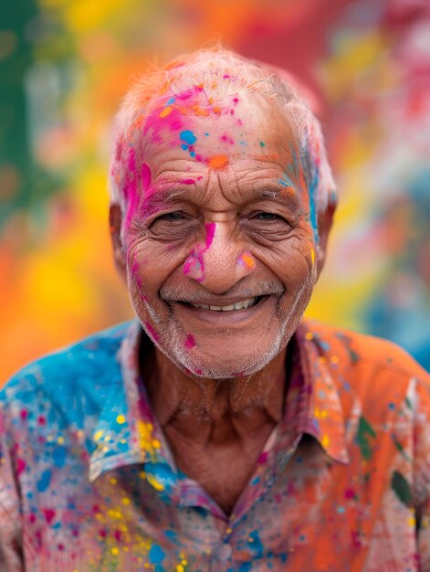 Ageless happiness a smiling 60 year old in Holi colors