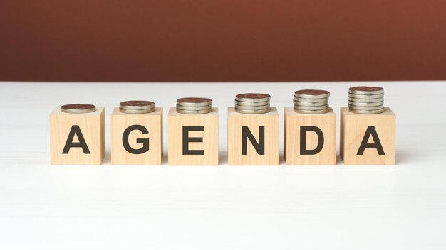 Agenda text on wooden blocks with coins on brown background