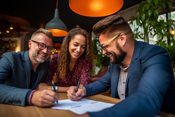 Photo agent and a couple signing a contract close up background happy