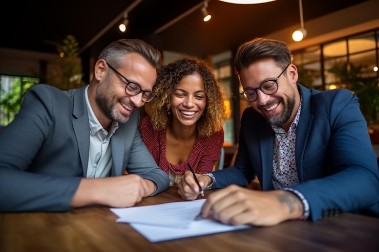 Photo agent and a couple signing a contract close up background happy
