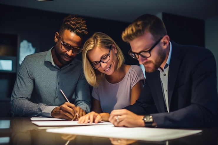 Photo agent and a couple signing a contract close up dark backgrounds