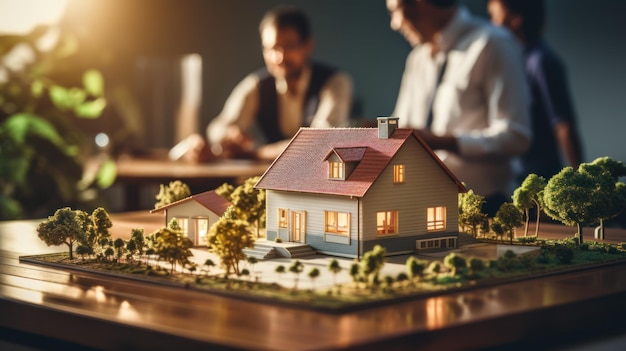 agent en koper cliënt ondertekenen hypotheekcontract Modelhuis met appartementagent voor onroerend goed woonverzekeringsconcept