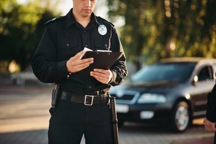 Foto agent met notitieboekje in handen controleer de auto