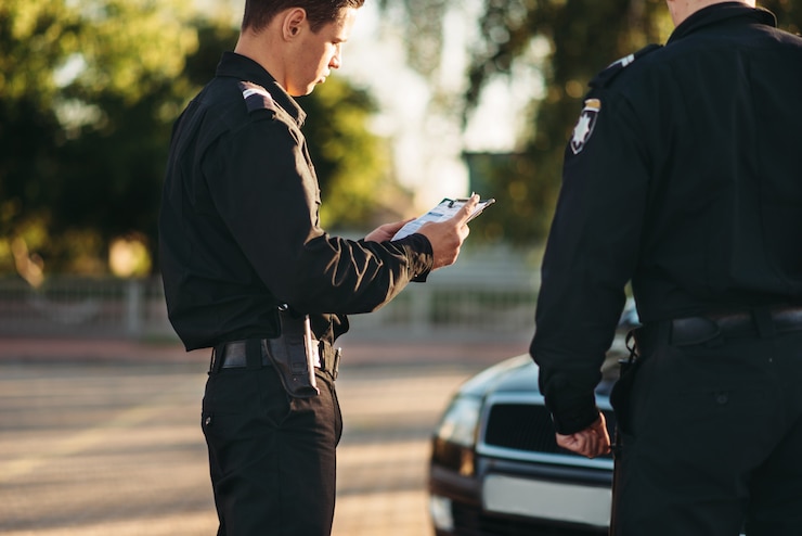 Foto agenten in uniform stoppen de auto op de weg
