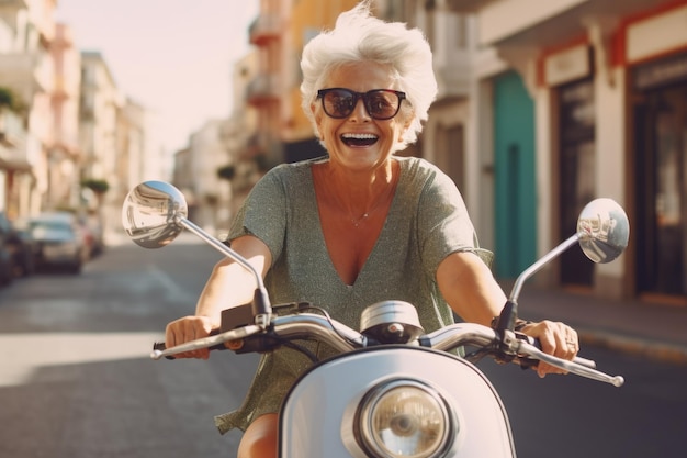 An ageold woman with gray hair rides a bike in the city