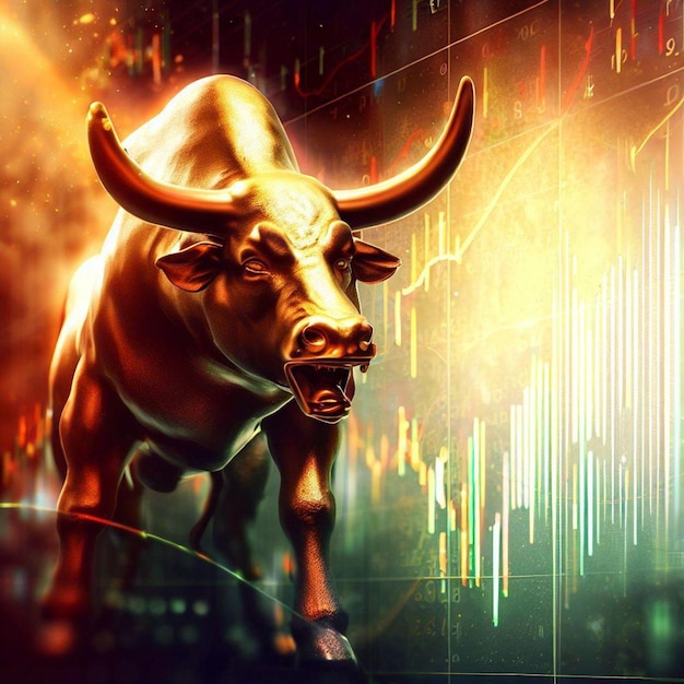 Photo aggressive angry golden futuristic bull with stock market background