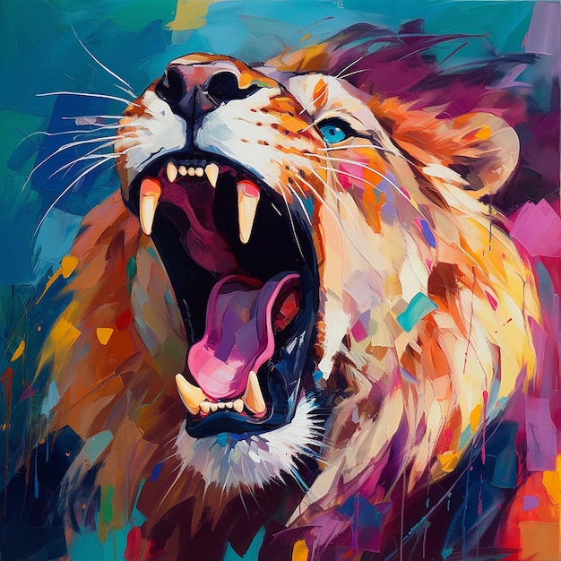 An Angry Lion with an Open Mouth and Sharp Teeth Roars in the Thicket of  the Night Forest. Generative AI Illustration in Bright Colors with Abstract  Brush Strokes for Wall Art and