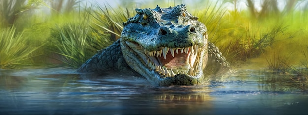 Aggressive crocodile on the river in the jungle banner made with Generative AI