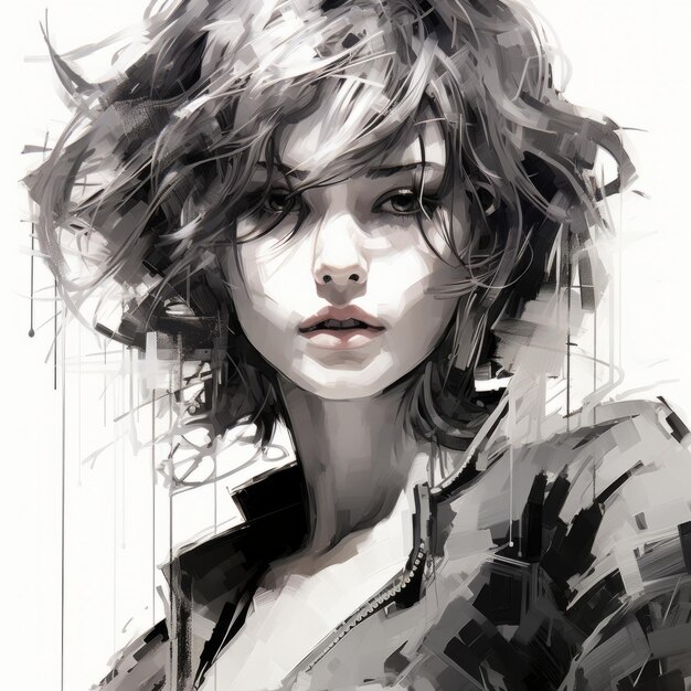 Photo aggressive digital illustration of young girl with short hair