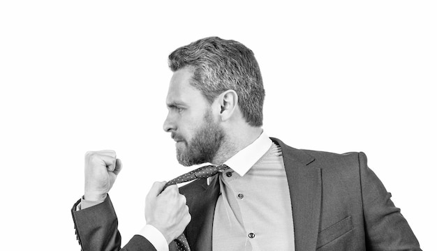 Aggressive professional business man shake fist to male adult pulling his necktie aggression