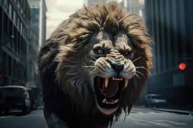Aggressive roaring lion attack on city street closeup of rabid dangerous animal predator