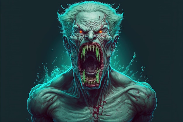 Aggressive zombie with bloody mouth in the middle of body digital art style illustration painting fantasy concept of a aggressive zombie