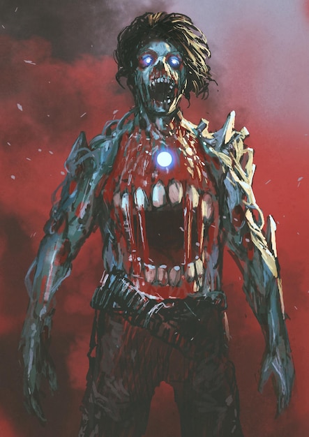 aggressive zombie with bloody mouth in the middle of body, digital art style, illustration painting